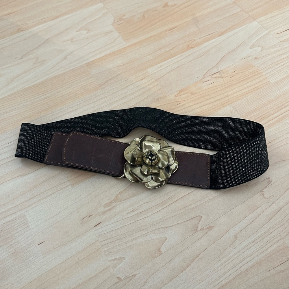 🔴LOFT Black Elastic Belt with Brown Leather and Gold Floral Buckle